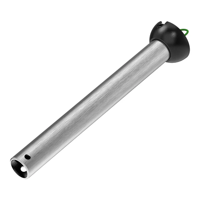 Brushed metal ceiling fan downrod with black mounting cap, isolated on white background