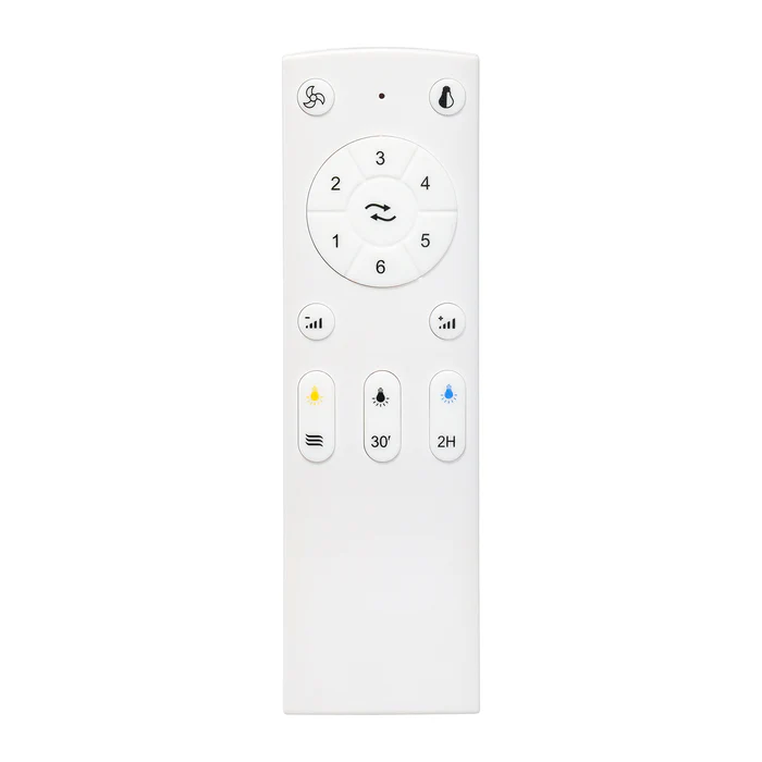 White ceiling fan remote control with light, speed, and timer buttons, modern design