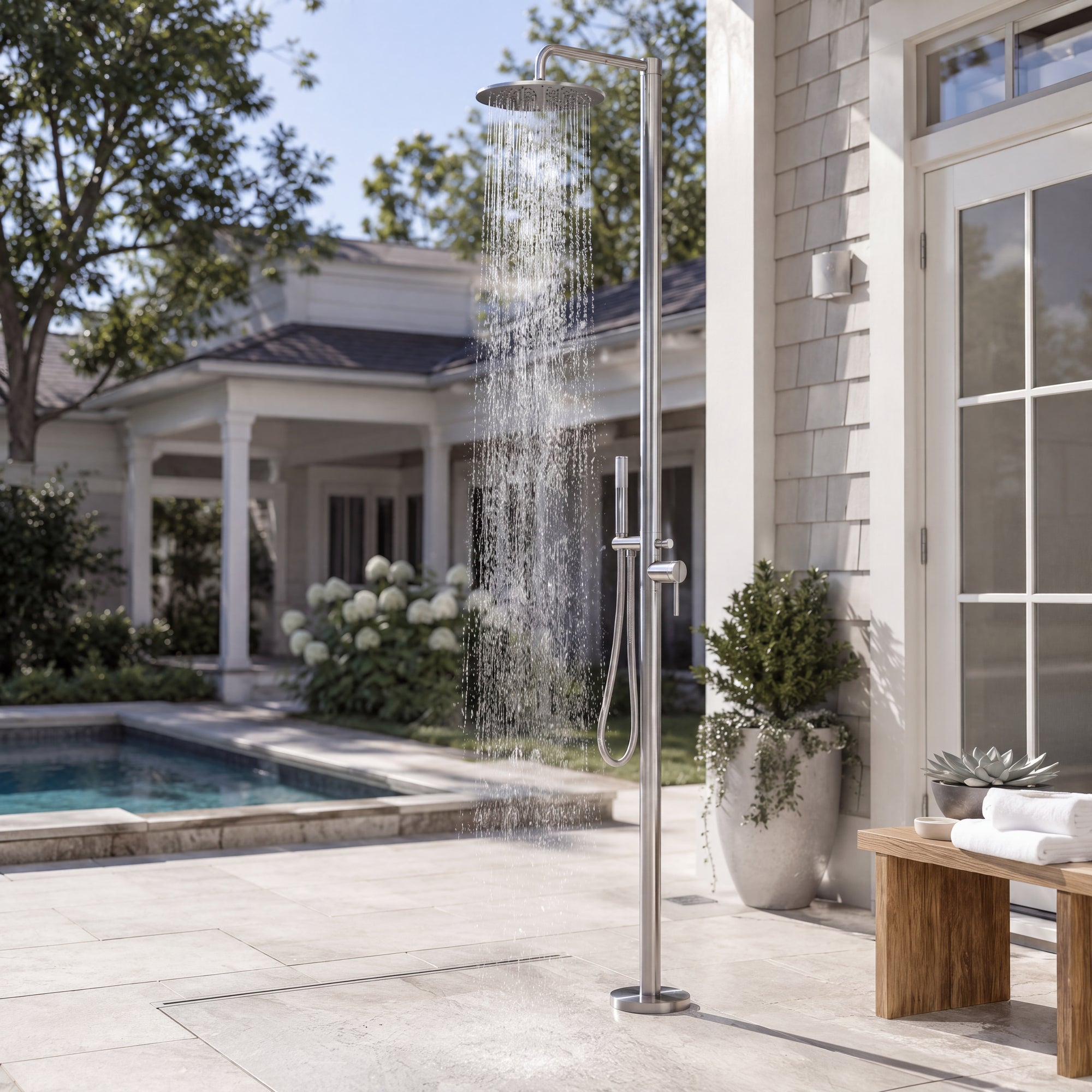 Rhea Outdoor Shower · Brushed Silver