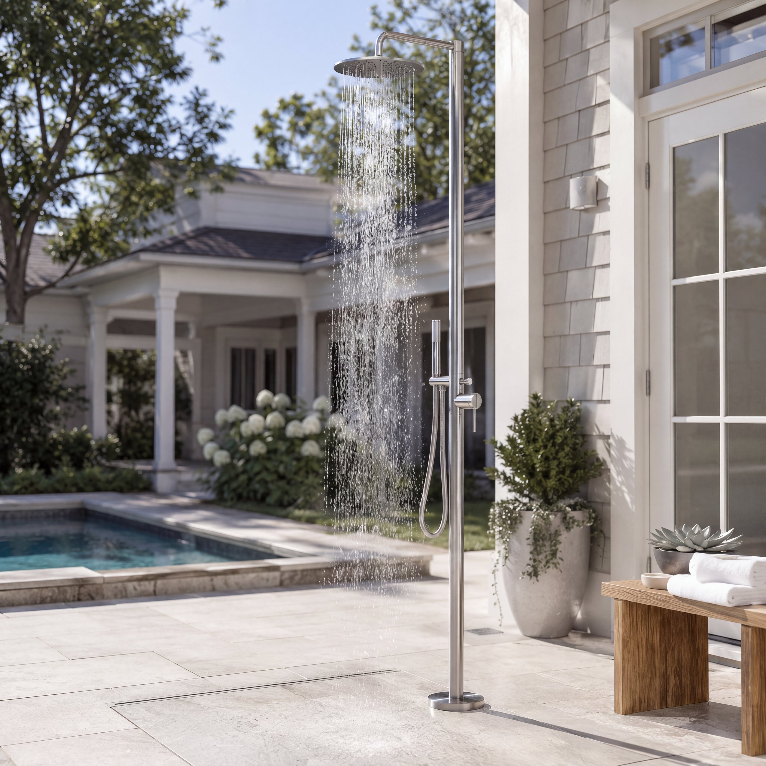 Rhea Outdoor Shower · Brushed Silver