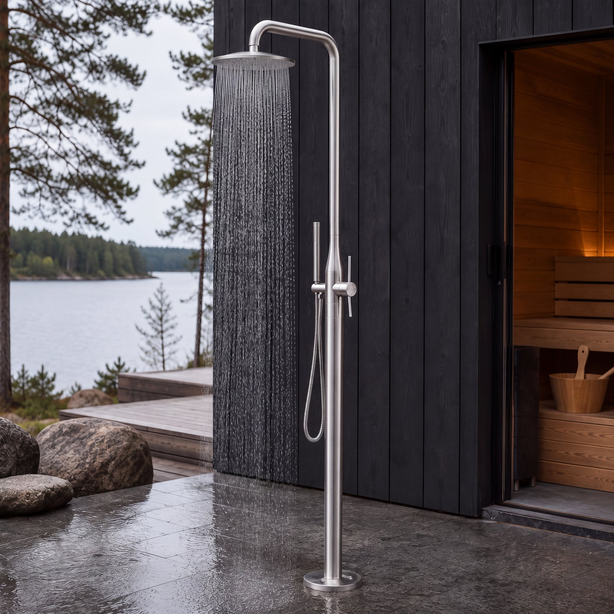 Cora Outdoor Shower · Brushed Silver