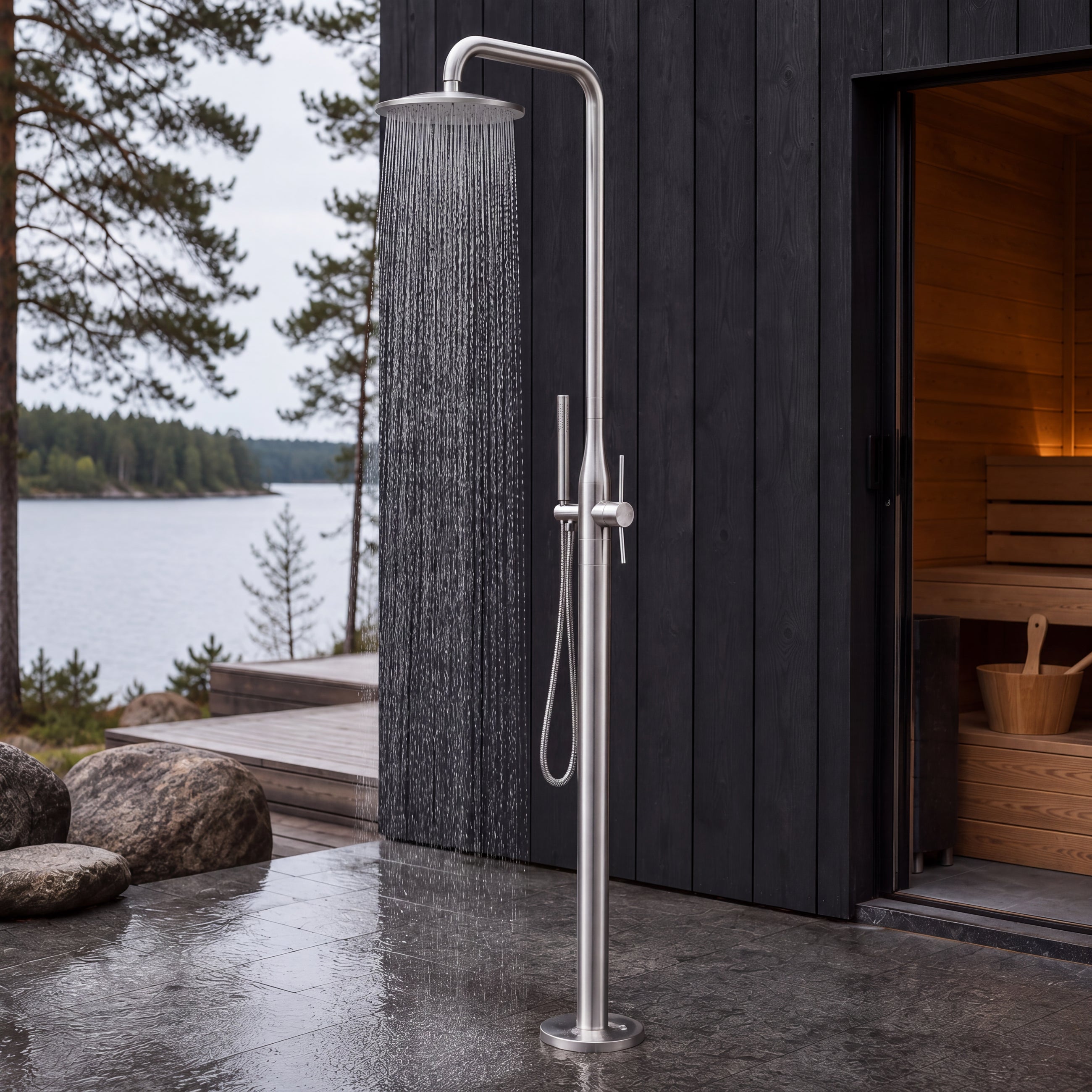 Cora Outdoor Shower · Brushed Silver