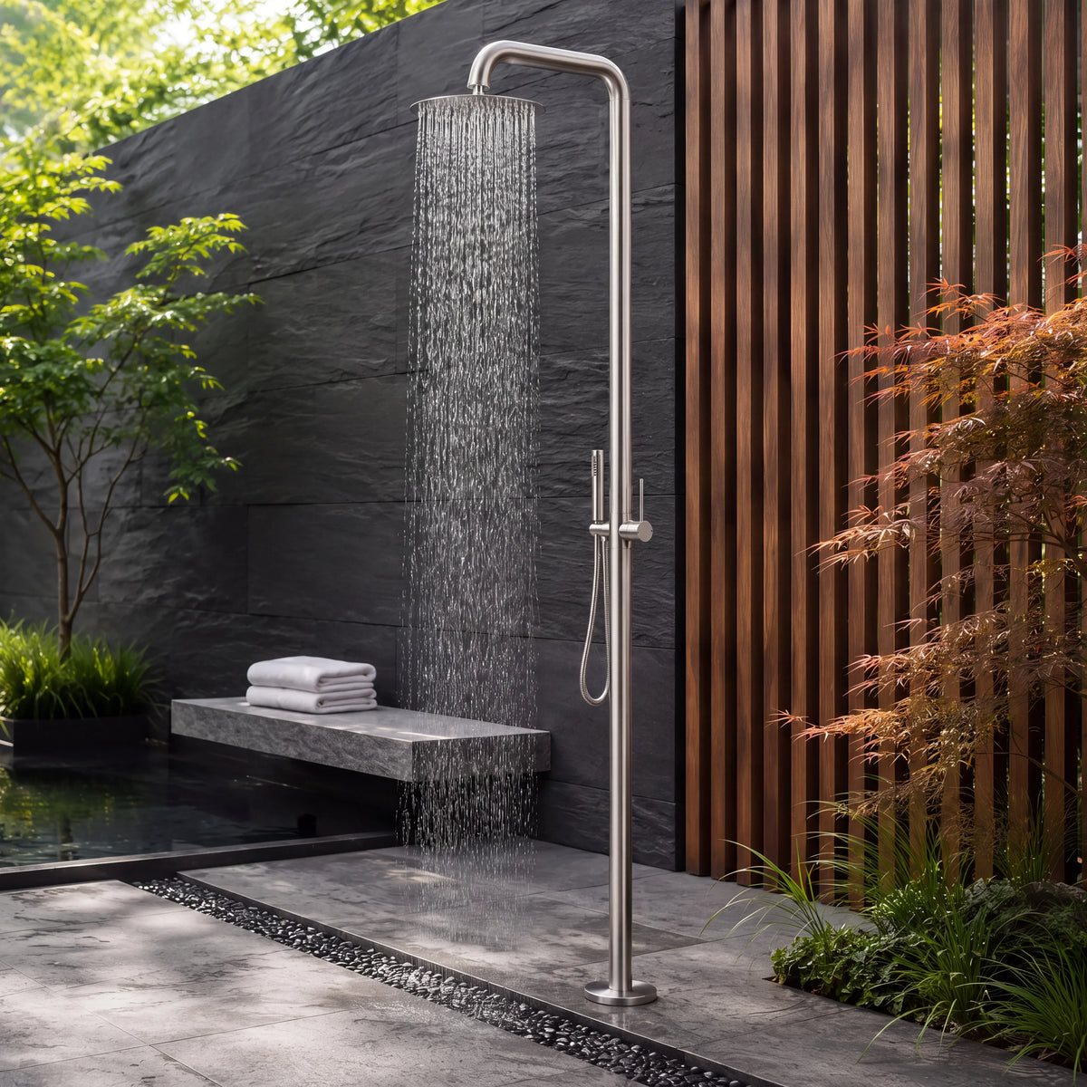 Theo Outdoor Shower · Brushed Silver