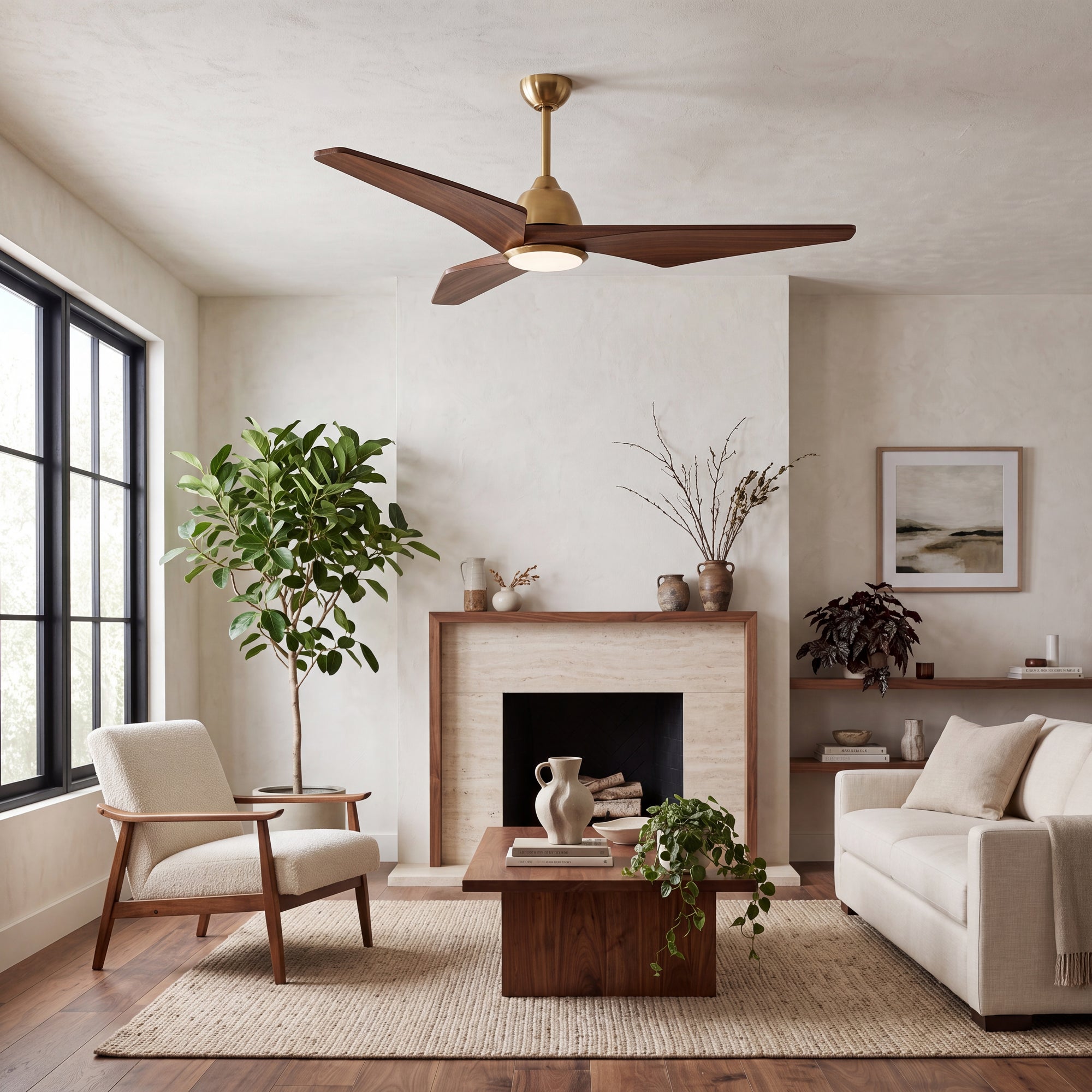 Elowen 52" Ceiling Fan with Light · Warm Walnut Solid Wood Blades