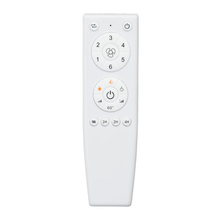 White ceiling fan remote control with multiple speed and timer buttons, isolated on white background.