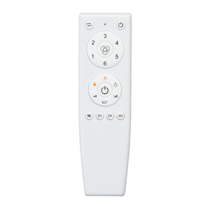 White ceiling fan remote control with multiple speed and timer buttons, isolated on white background.