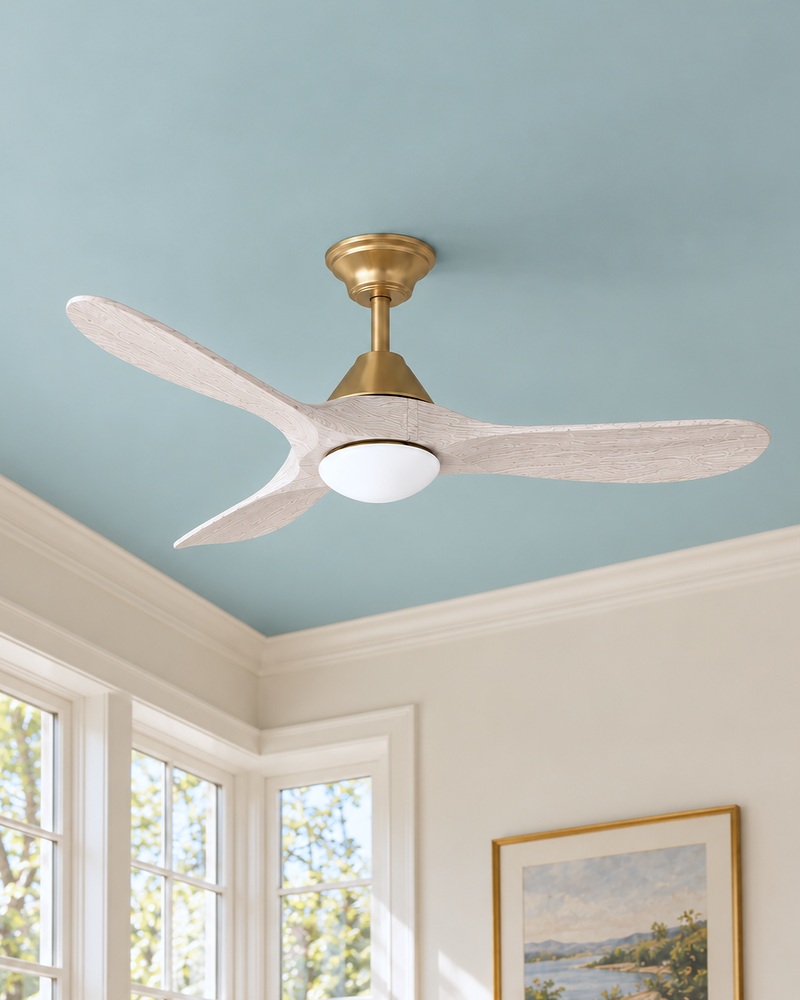Sylvie 48" Solid Wood Ceiling Fan with Light · Whitewashed & Brass