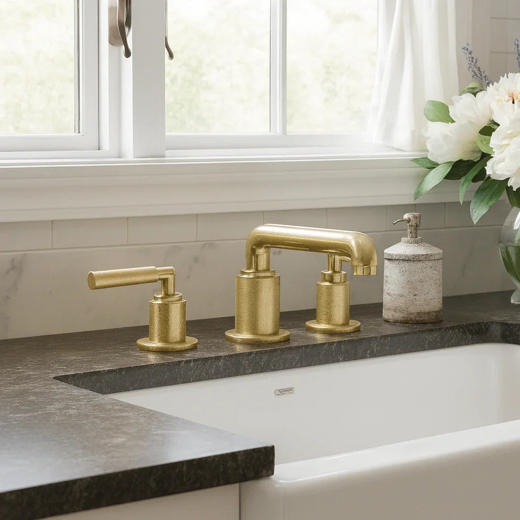 Linea Lever Handle Widespread Bathroom Faucet – Brushed Brass