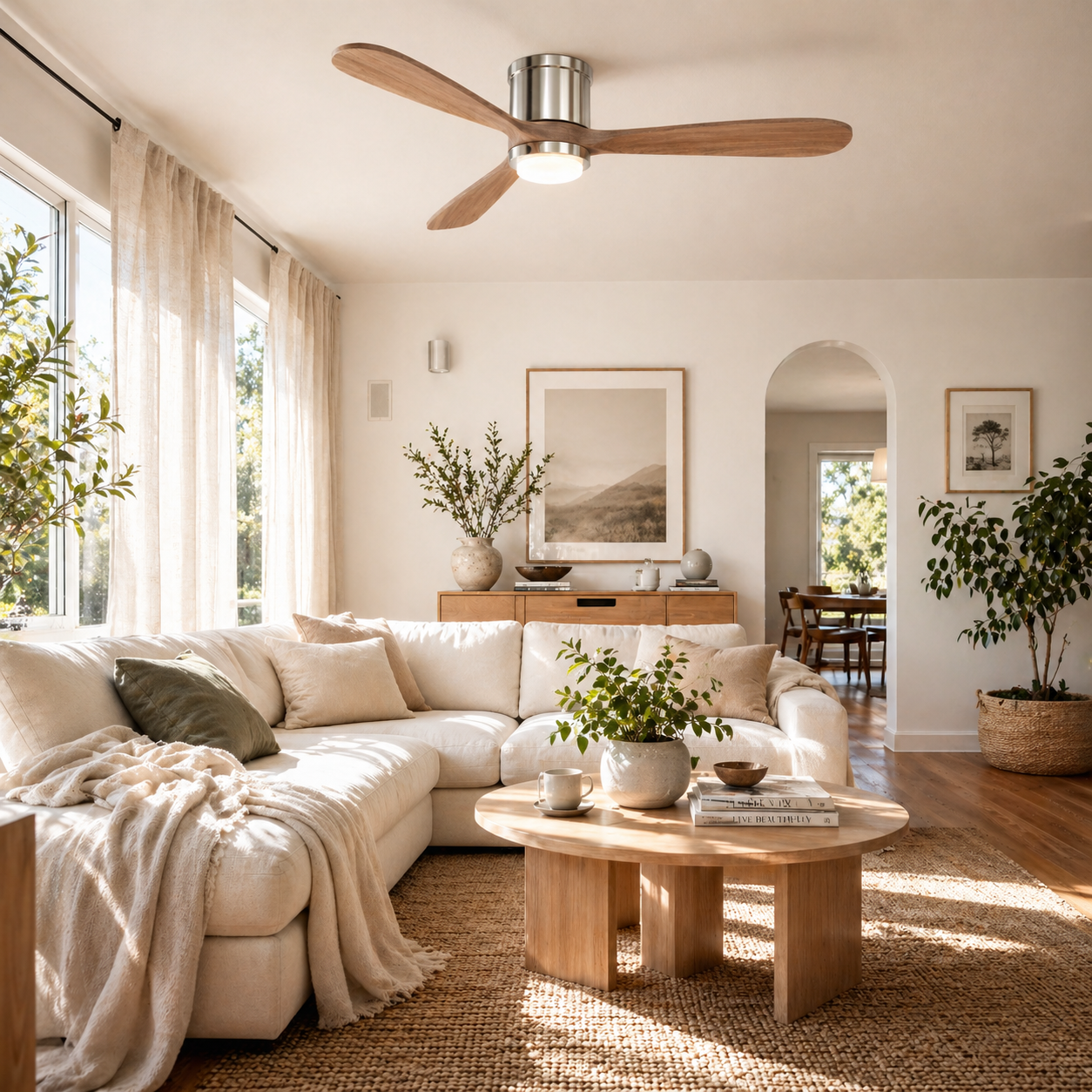 Mayna Flush Ceiling Fan 52" · Light Walnut Solid Wood Blades