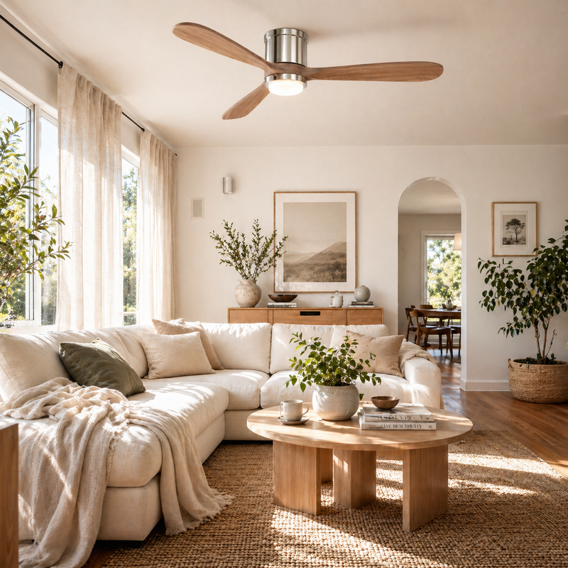 Mayna Flush Ceiling Fan 52" · Light Walnut Solid Wood Blades