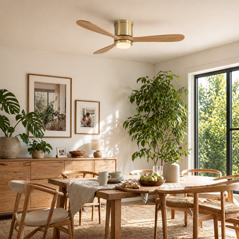 Mayna Flush Ceiling Fan 52" · Natural Solid Wood Blades