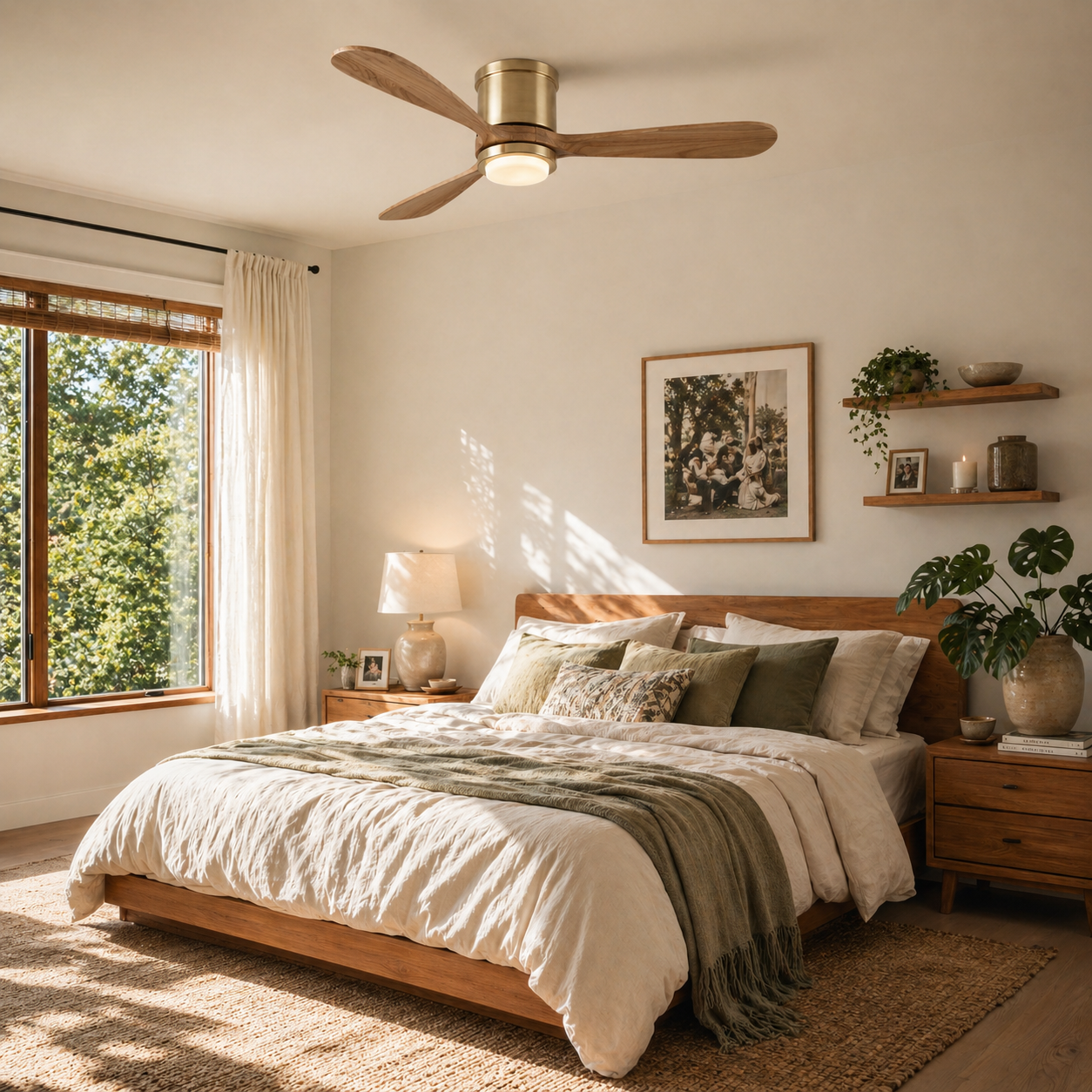 Mayna Flush Ceiling Fan 52" · Natural Solid Wood Blades