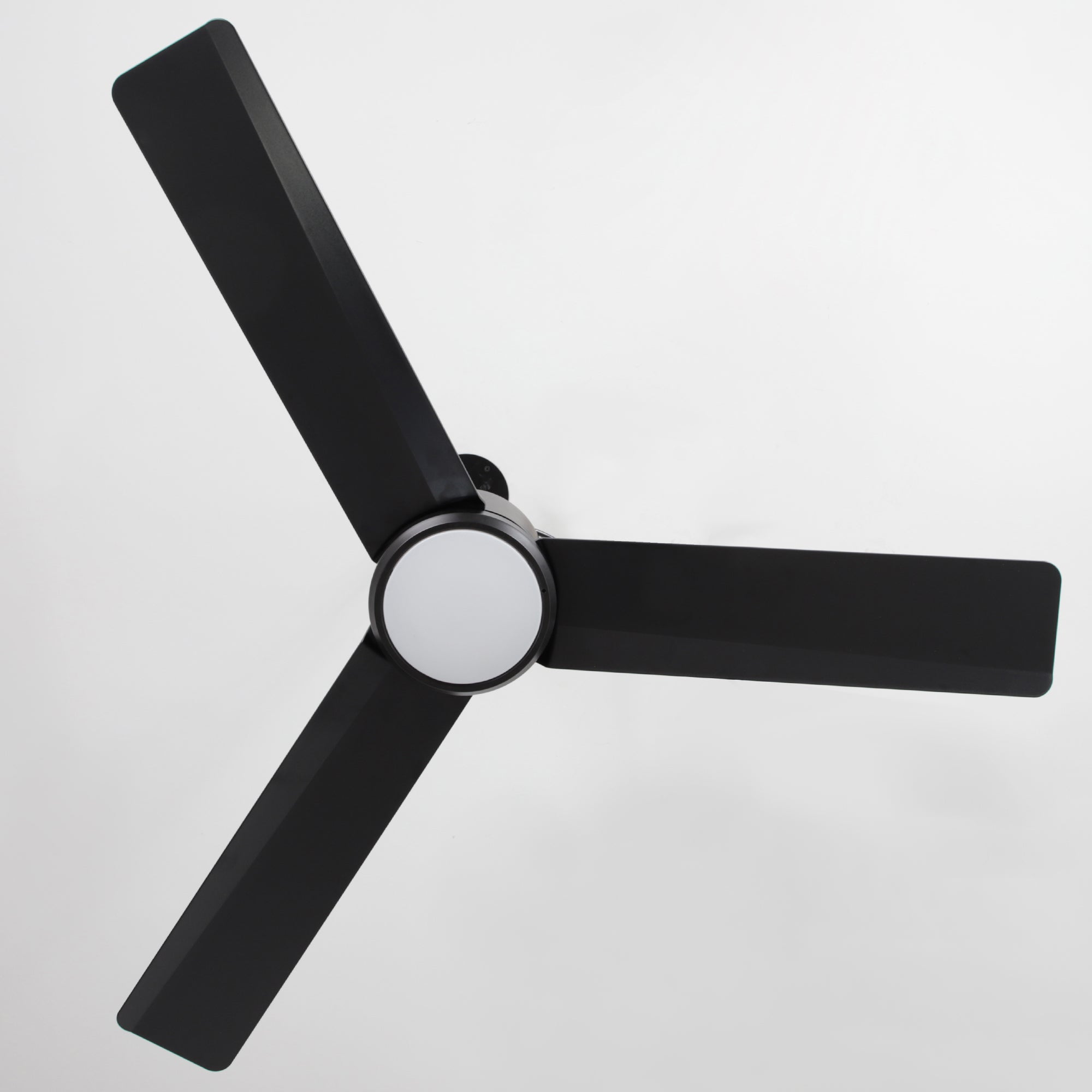 Modern black three-blade ceiling fan with sleek design on a white background
