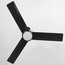 Modern black three-blade ceiling fan with sleek design on a white background