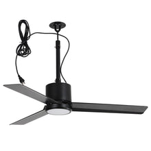Modern black ceiling fan with three blades and integrated LED light for home interiors
