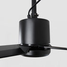 Close-up of modern black ceiling fan with sleek blades and minimalist design