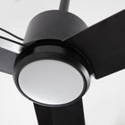 Modern black ceiling fan with three blades and integrated LED light, close-up view.