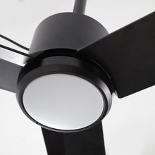 Modern black ceiling fan with three blades and integrated LED light, close-up view.
