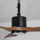 Modern ceiling fan with wood blades and black motor housing, integrated LED light