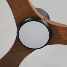 Modern wood ceiling fan with integrated LED light and three curved blades