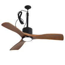 Modern ceiling fan with three wood blades and integrated LED light, black mount