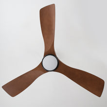 Modern wood ceiling fan with three blades and integrated LED light on white background