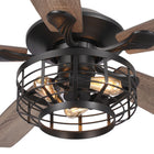 Modern industrial ceiling fan with wood blades and caged light fixture