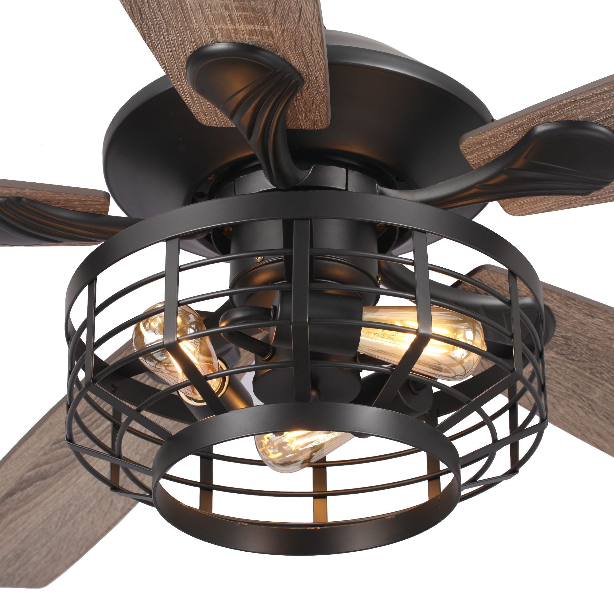 Modern industrial ceiling fan with wood blades and caged light fixture