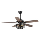 Industrial ceiling fan with wood blades and cage light fixture, modern home lighting