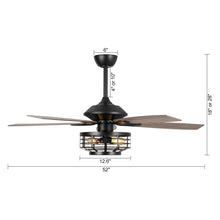 Industrial ceiling fan with cage light, wood blades, and size dimensions in inches