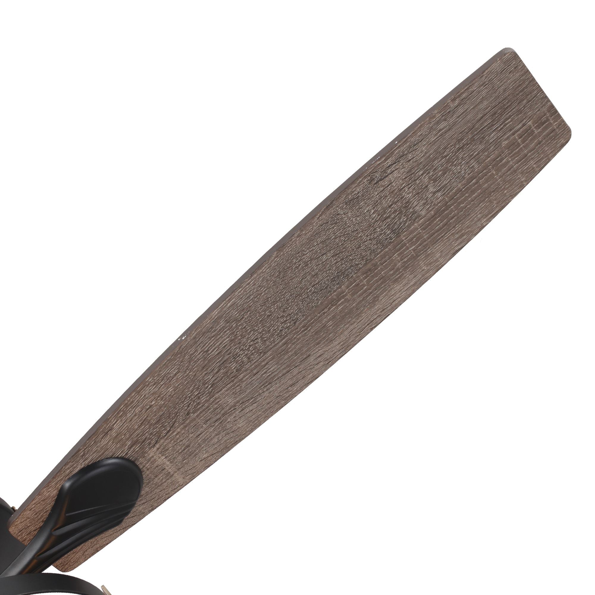 Close-up of modern wood ceiling fan blade with textured finish on white background