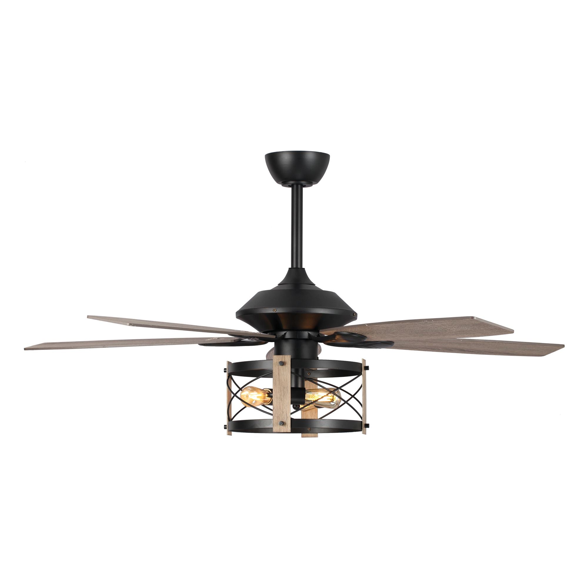 Modern industrial ceiling fan with wood blades and exposed bulb lighting