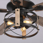 Industrial style ceiling fan with wood blades and exposed Edison bulb lighting