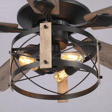 Industrial style ceiling fan with wood blades and exposed Edison bulb lighting