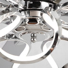 Close-up of modern chrome ceiling fan with integrated LED lighting rings