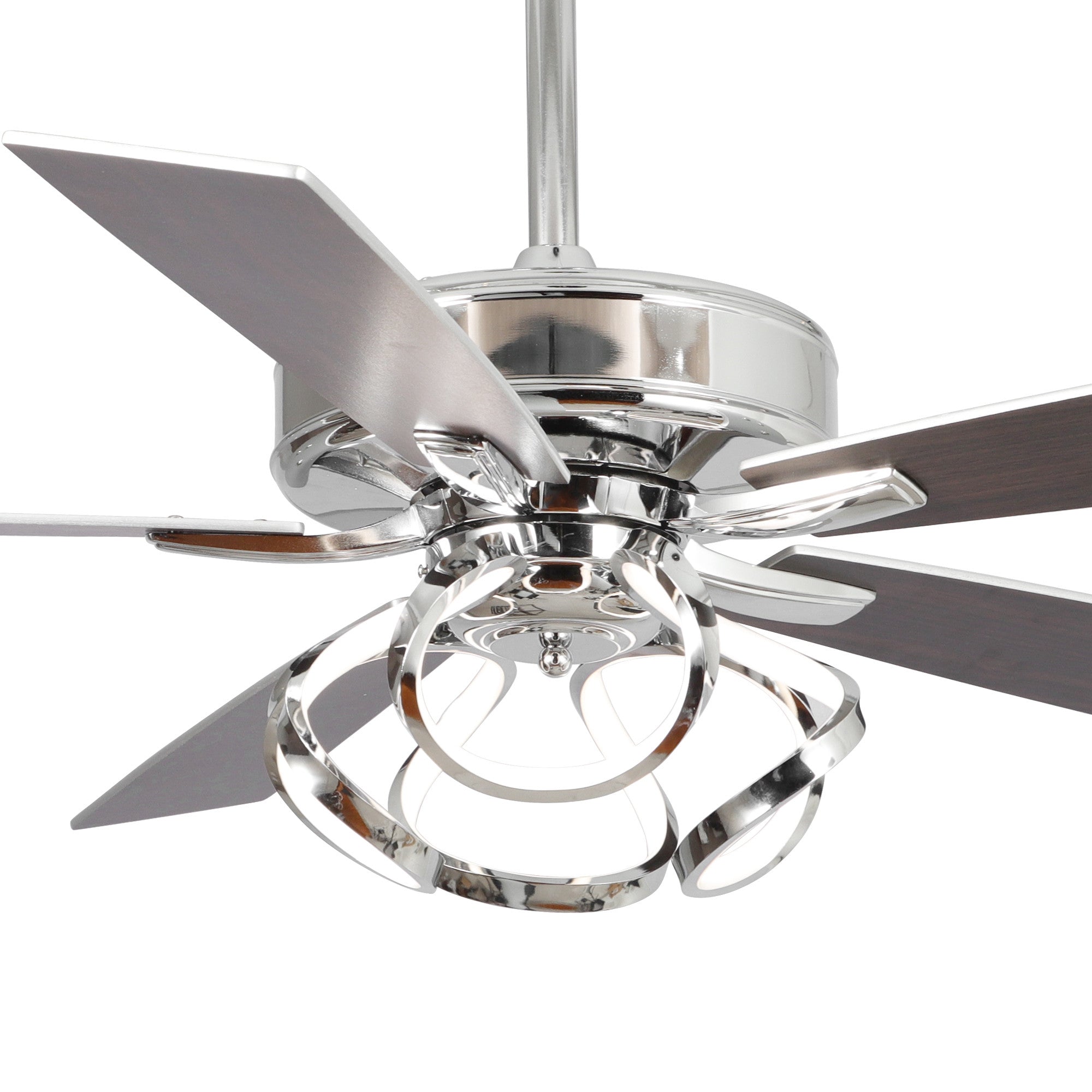 Modern ceiling fan with chrome finish, wood blades, and integrated decorative metal rings