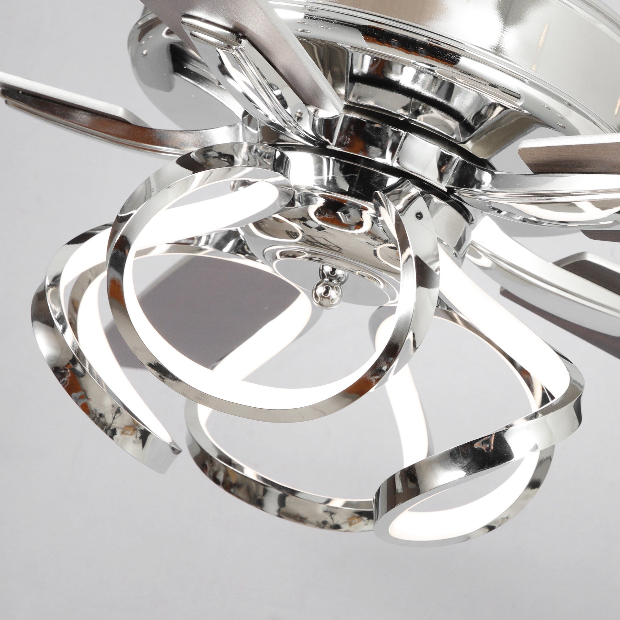 Modern chrome ceiling fan with integrated LED spiral light and sleek blades