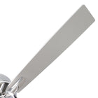 Modern silver ceiling fan blade with chrome mount, close-up on white background