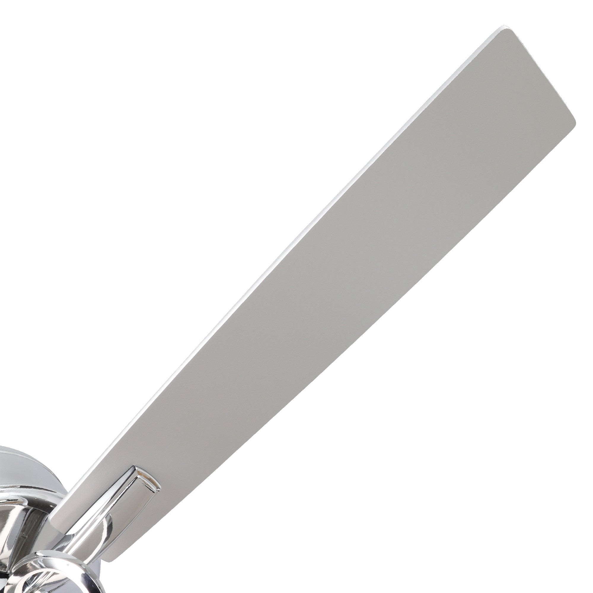 Modern silver ceiling fan blade with chrome mount, close-up on white background