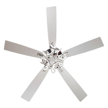 Modern five-blade ceiling fan with crystal centerpiece and silver finish