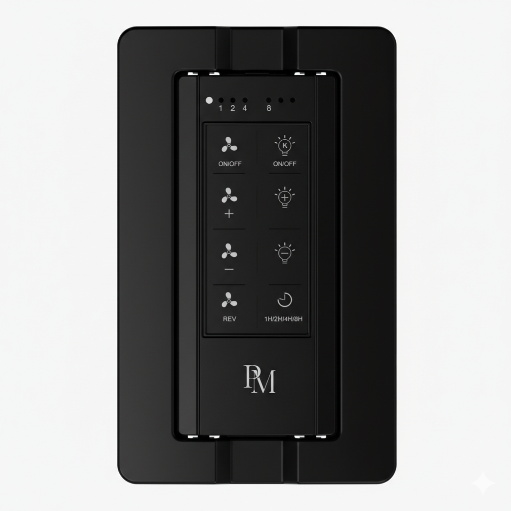Modern black wall remote control for ceiling fan and light with multiple function buttons