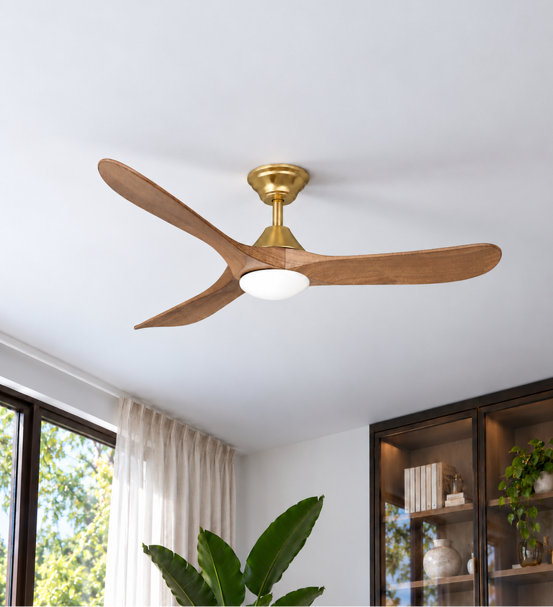 Sylvie 60" Solid Wood Ceiling Fan with Light · Natural Wood & Brass