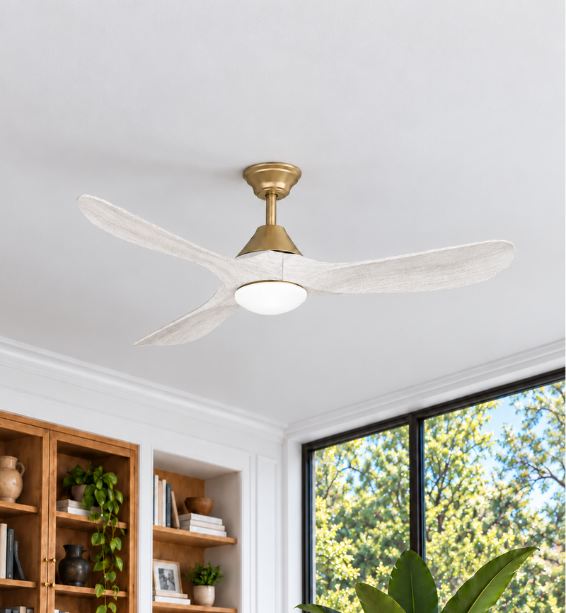 Sylvie 60" Solid Wood Ceiling Fan with Light · Whitewashed & Brass
