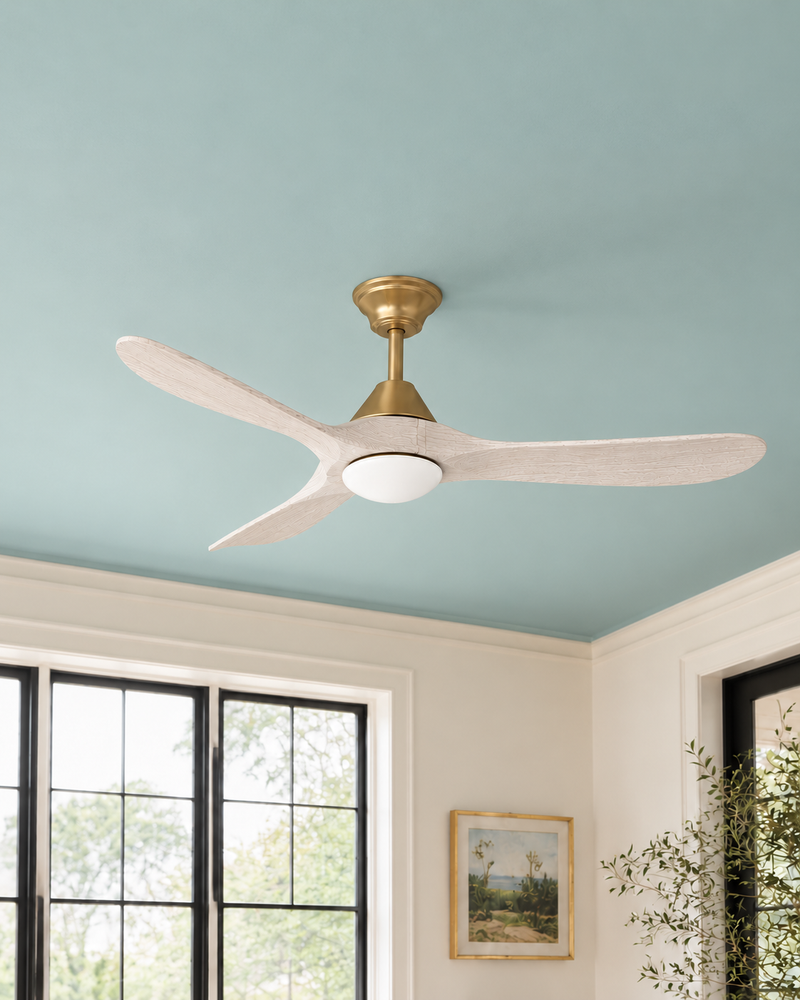 Sylvie 60" Solid Wood Ceiling Fan with Light · Whitewashed & Brass