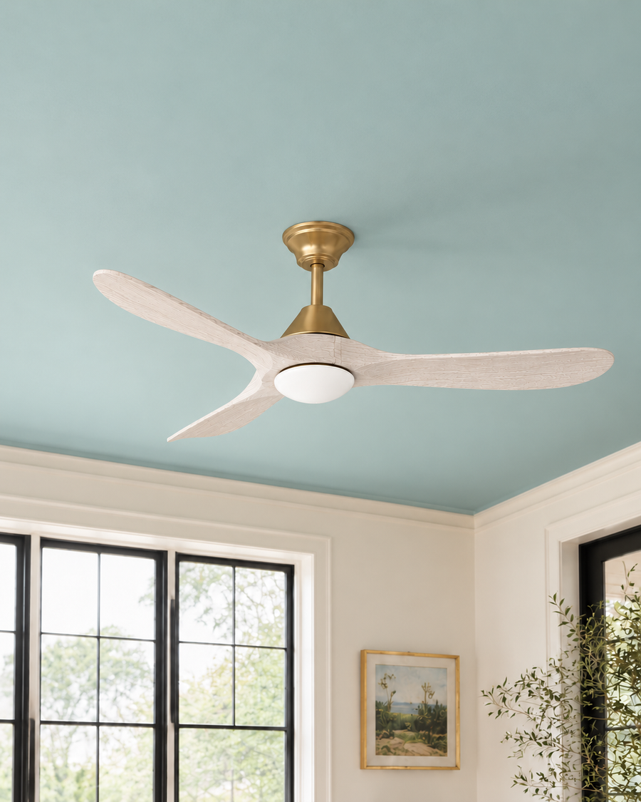 Sylvie 60" Solid Wood Ceiling Fan with Light · Whitewashed & Brass