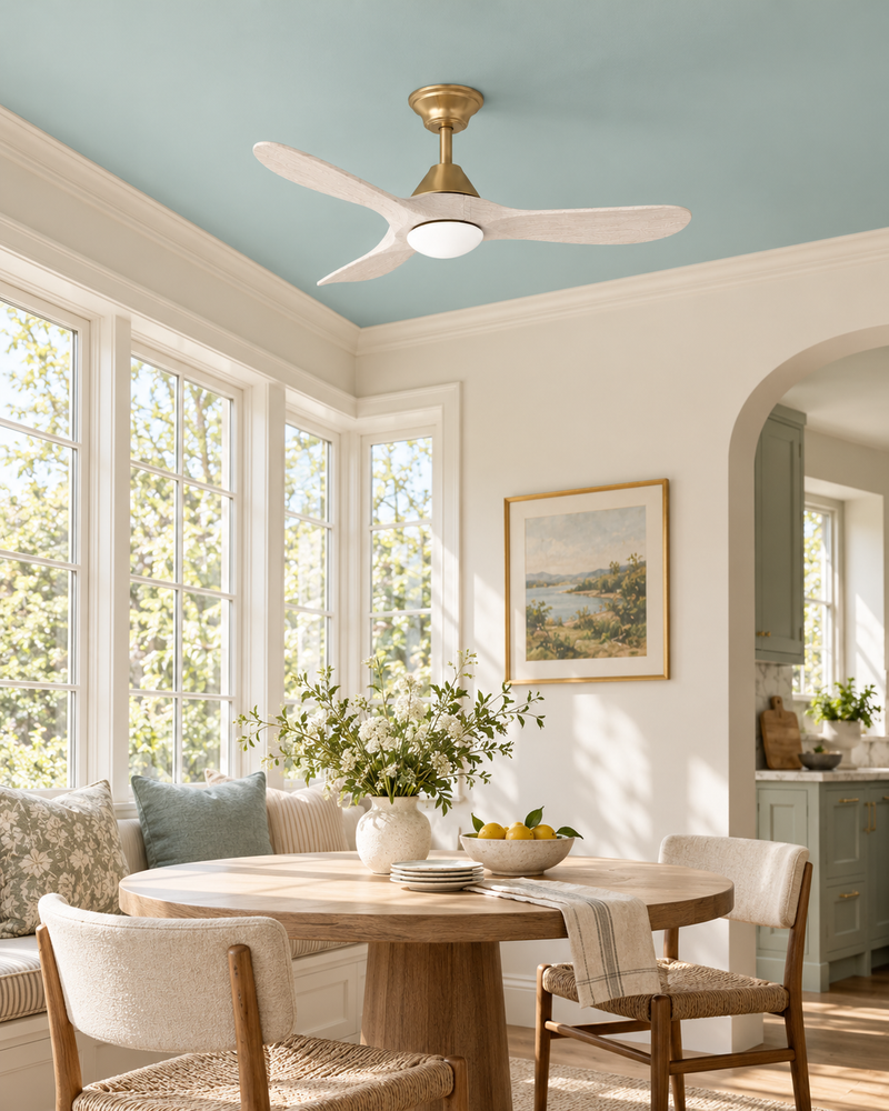 Sylvie 48" Solid Wood Ceiling Fan with Light · Whitewashed & Brass