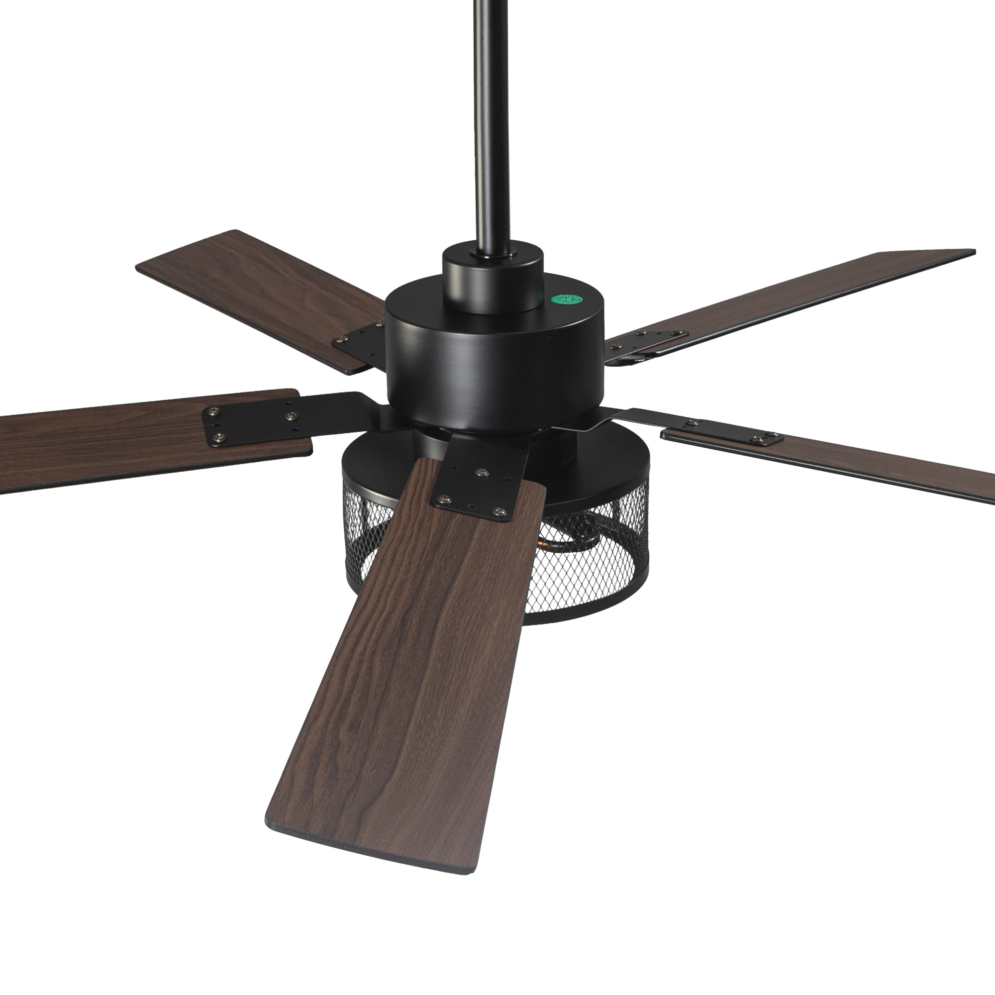 Modern industrial ceiling fan with dark wood blades and black mesh light fixture
