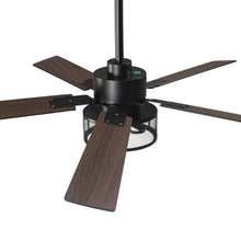 Modern industrial ceiling fan with dark wood blades and black mesh light fixture