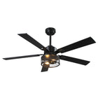 Modern black industrial ceiling fan with mesh cage light and five blades