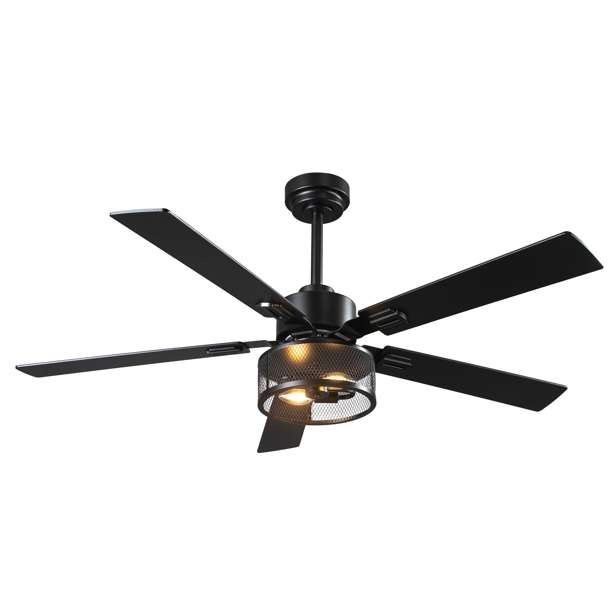 Modern black industrial ceiling fan with mesh cage light and five blades